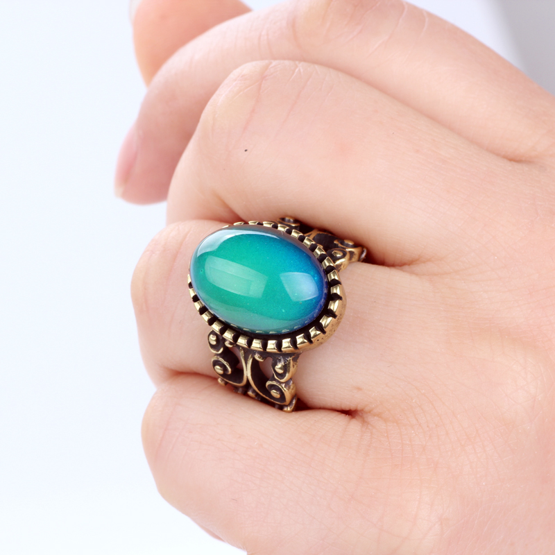 New Design Real Antique Gold Plated Color Change Ring Womens Fancy Mood Oval Stone Jewelry