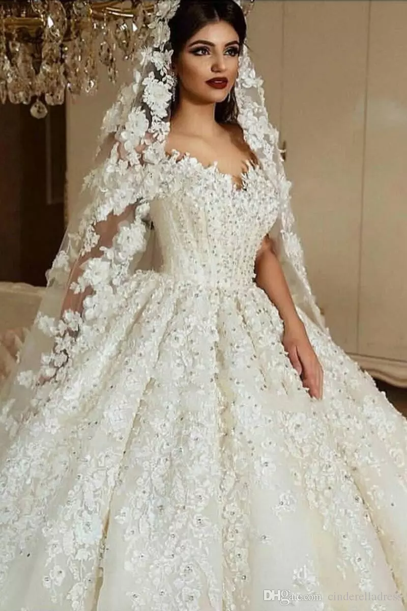 Luxury Crystals Lace Ball Gown Wedding Dresses Dubai Off Shoulder Puffy Bridal Gown Vestido de novia Sweep Train Custom Made Wedding Gowns