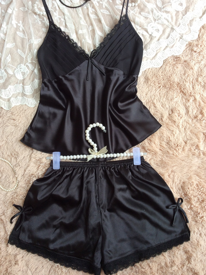 2019 summer style pajamas sets Women Female Sleep set Women's Deep V-neck Sexy Spaghetti Strap Shorts Sleepwear silk homewear S1015