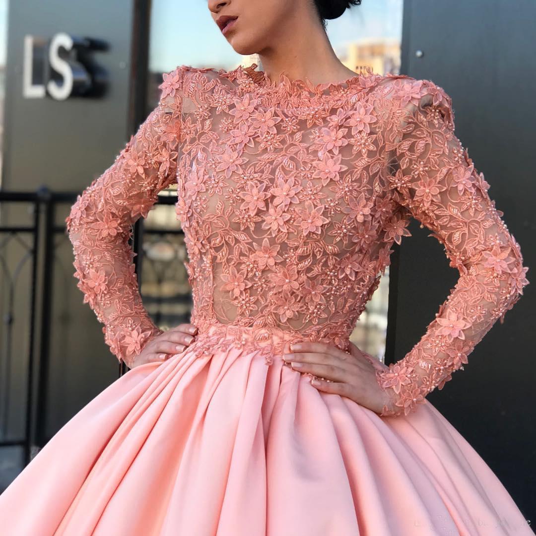 Vintage Long Sleeves Evening Dresses 2018 Pink Illusion Floral Appliques Beaded Satin Prom Dress Pageant Celebration Gowns