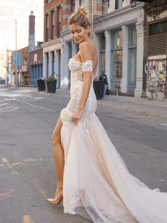 2018 Pallas Couture Mermaid Beach Wedding Dresses Front Split Sweetheart Lace Applique Boho Bridal Gowns Sweep Train Bohemian Wedding Dress