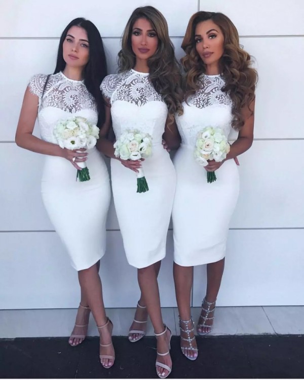 Fashion 2018 White Bridesmaid Dresses Short Lace Jewel Neck Capped Sleeves Mermaid Knee Length Wedding Party Dresses for Women