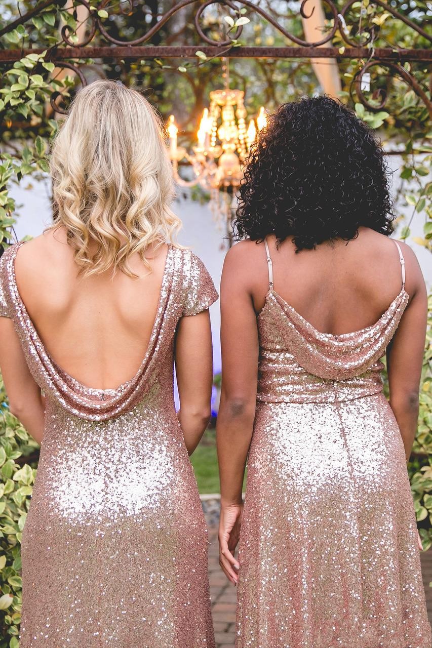 2024 Bg Sparkly Bridesmaid Rose Gold Sequined Cheap Mermaid Two Pieces Backless Sequins Beach Party Dresses Wedding Guest Dress 403 6660311