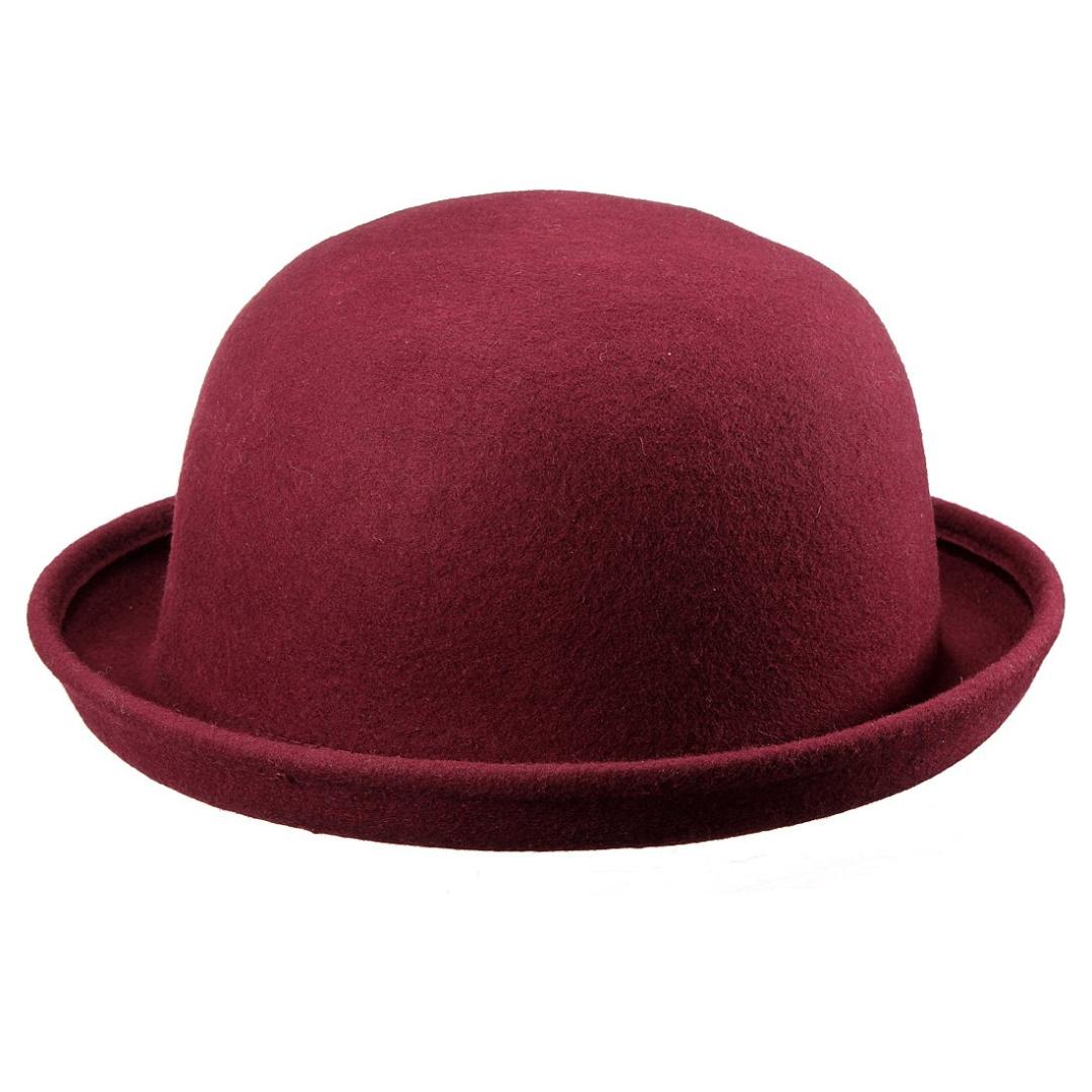 

EAS-Wool Felt Hat On With Edges bell Woman Man Bowler Hats wine red, As pic