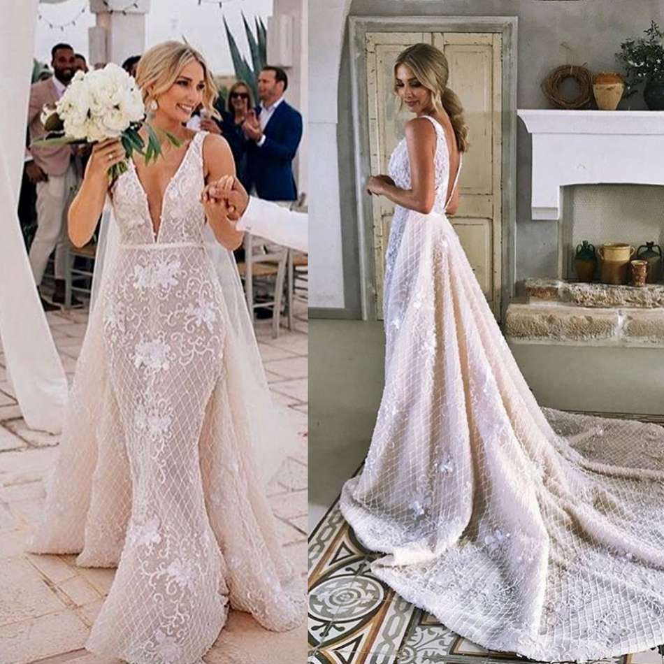 gorgeous lace mermaid wedding dresses with overskirts v neck bridal gowns beading plus size boho country beach wedding dress vestidos