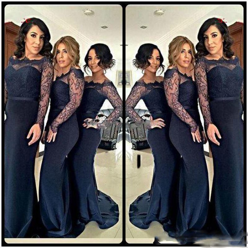 2018 Navy Lace Long Sleeves Bridesmaid Dress Groups Sheer Neck Floor Length Mermaid Plus Size Maid Of The Bride Gown For Wedding
2018 Navy Lace Long Sleeves Bridesmaid Dress Groups Sheer Neck Floor Length Mermaid Plus Size Maid Of The Bride Gown For Wedding