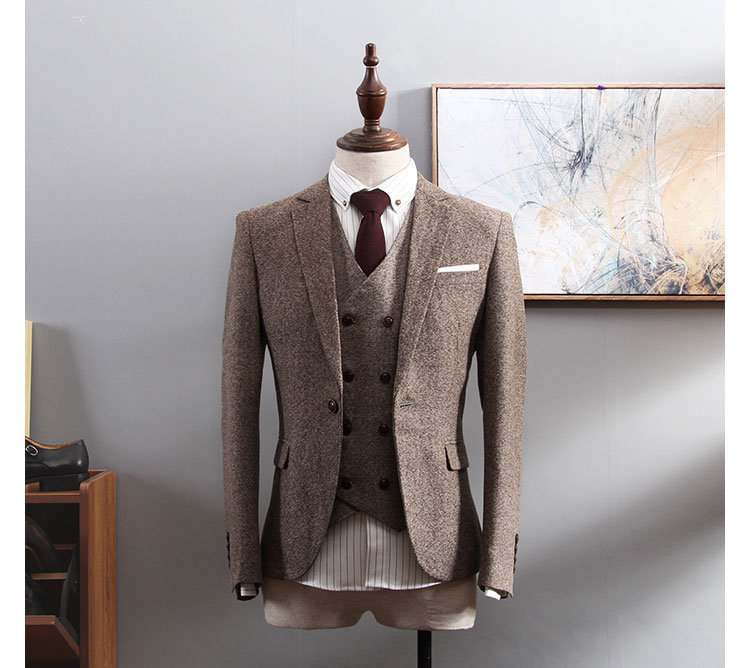 2019 Wool Slim Fit Groom Tuxedos Wedding Suits Herringbone Tweed Groomsmen BestMan Prom Suits (Jacket+Pants+Vest) Real Image Plus Size