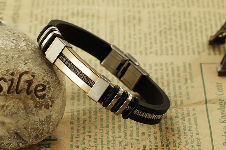 MNWT Mens Bracelets Stainless Steel Black Silicone Bracelets Charm Bracelet Male Bangle For Men Jewelry Silver Rose Gold Color