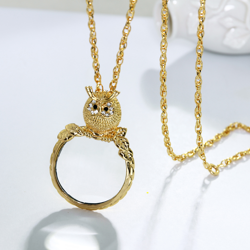 Magnifying glass necklace for reading women's fashion Owl pendant necklace Rhodium plated with crystal Magnifier necklace