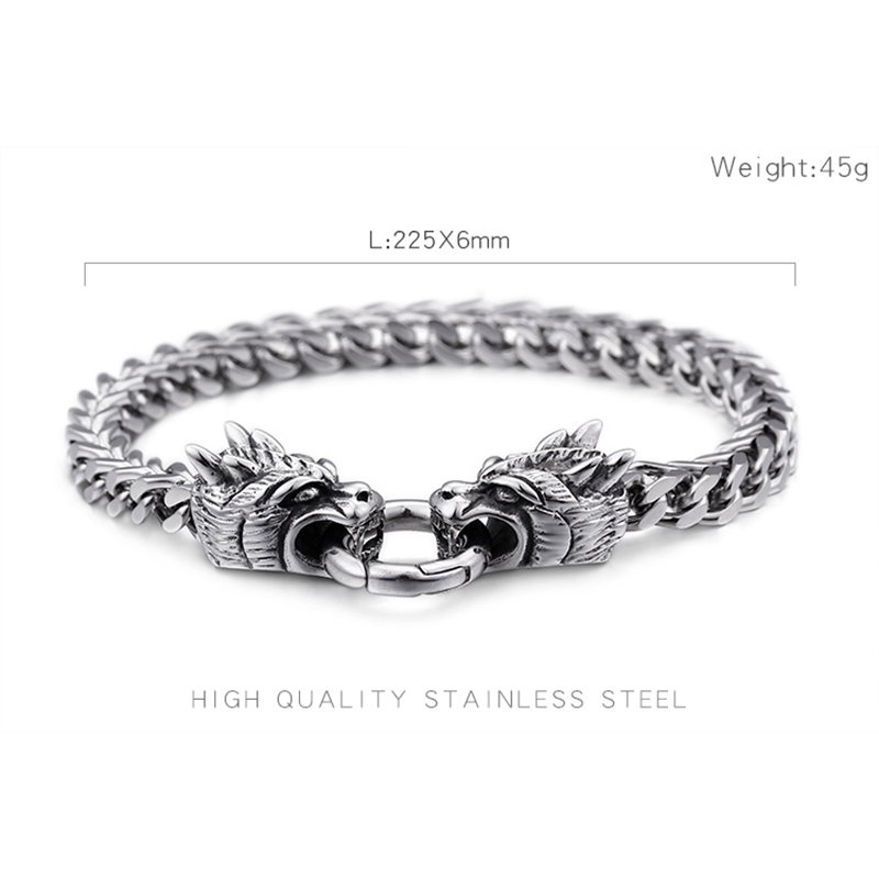 Men's Thick Heavy Stainless Steel Bracelet Classic Chinese Dragon Head Buckle High Polished Double Layers Snake Chain Bracelets