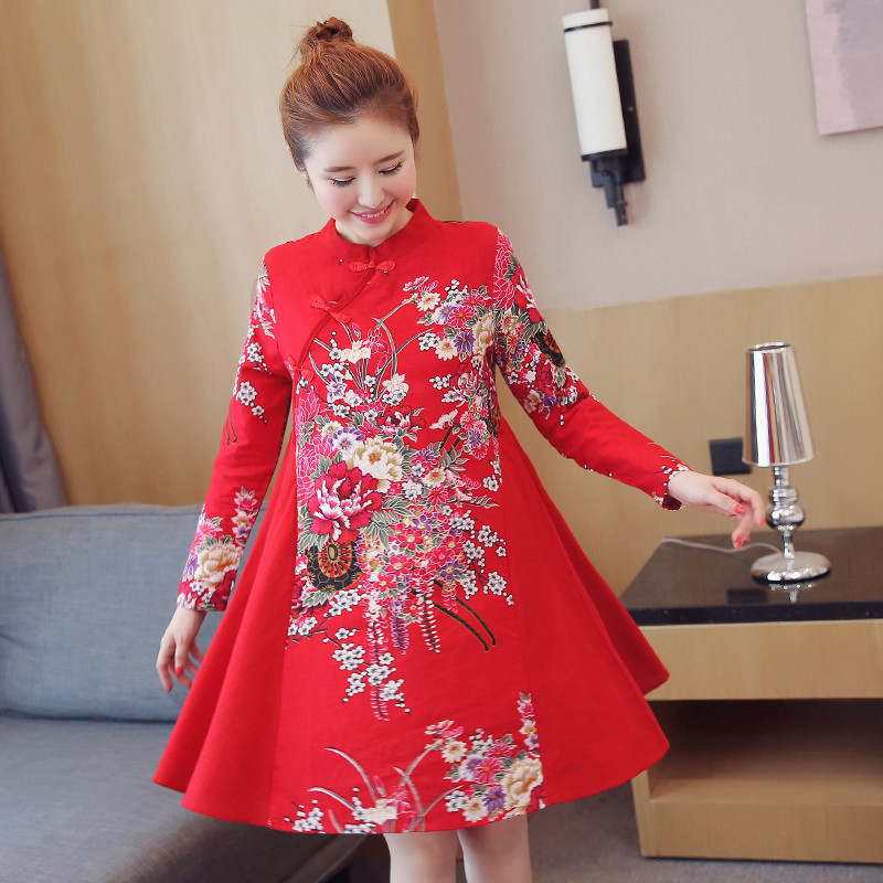 2017 Autumn Cotton Linen Qipao Dress Traditional Chinese Folk Style Improved Plate Buckle Printing A-Line Cheongsams Dresses