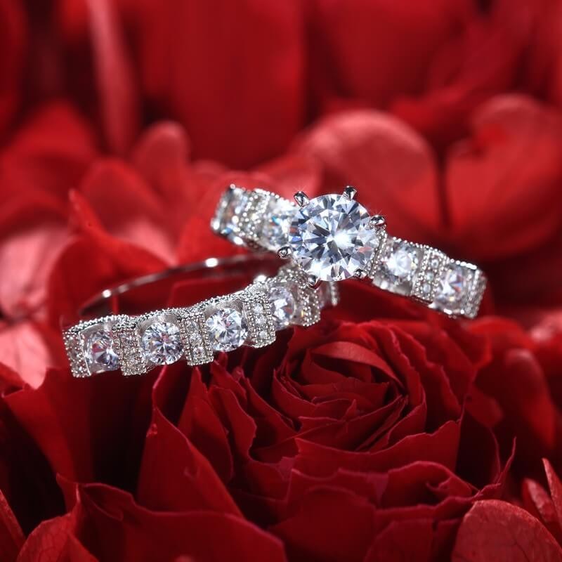 Unique Vintage Choucong Couple Rings: Sier, Retro Eternity, Round Cut White Topaz CZ Dia Women's Bridal Ring Set