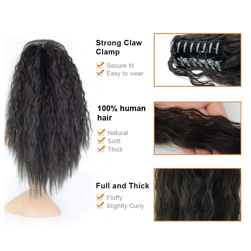 Evermagic hair claw ponytail clip in hair extensions long yaki curly 100% human hairpiece 70-120g with jaw clip color 1B#