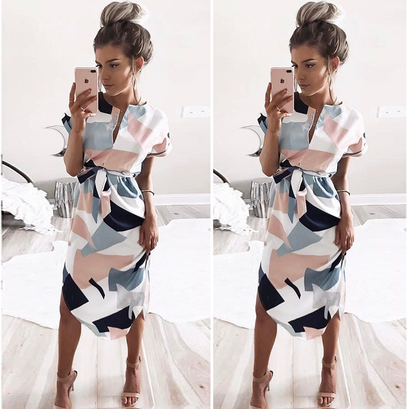 BIGGEST PROMOTION - 2018 Summer women dress V-neck Geometric Most popular dresses