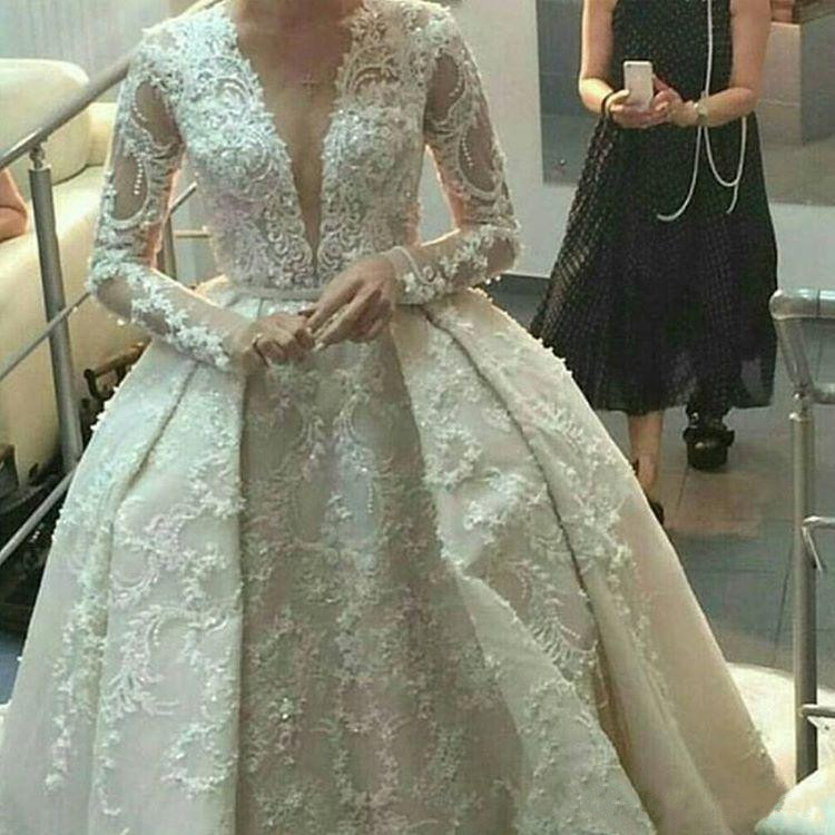 with Ball Dresses Long Sleeves Sexy Sheer V Neck Beaded Cathedral Train Bridal Gowns Lace Appliques Wedding Gown