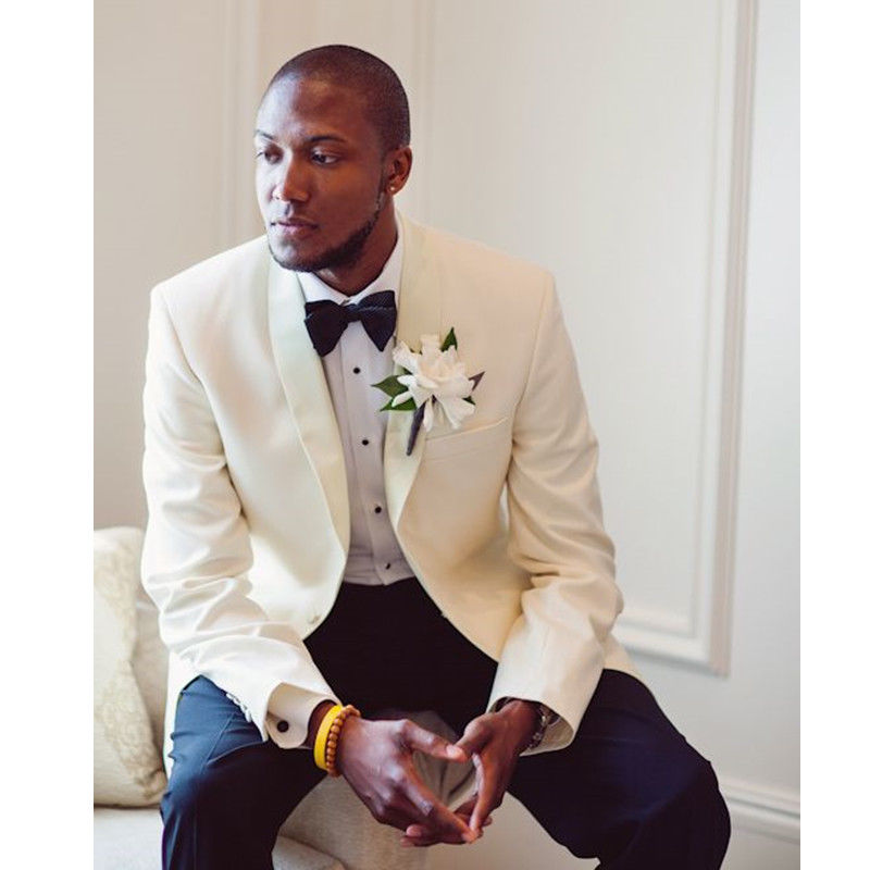 Mens Wedding Tuxedo Black Men Suit Shawl Lapel Double Breasted Slim Fit 2 Piece (Jacket+Pants) Groom Tuxedo Custom Made Ivory Suit For Men