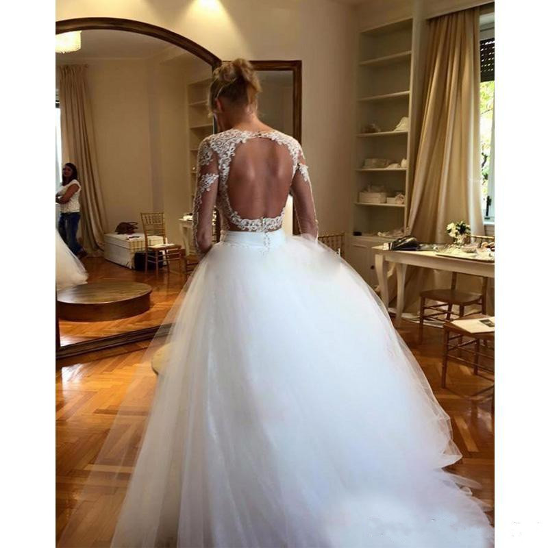 mermaid wedding dresses jewel neck backless long sleeve with detachable train appliques lace wedding dress vestidos de novia