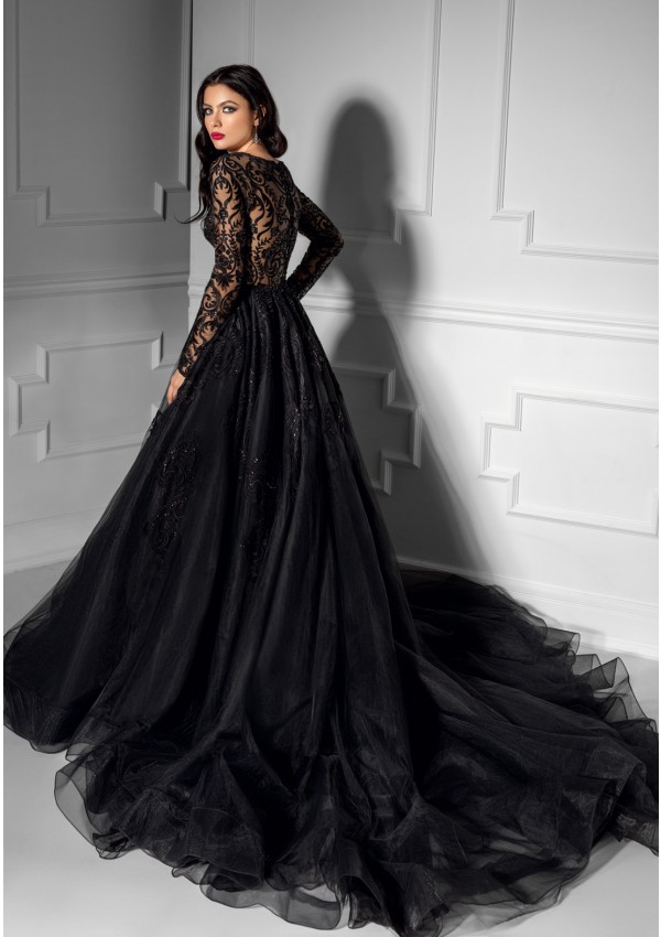 Elegant Black Long Sleeve Evening Dresses V Neck Lace Prom Dress Sweep Train Plus Size Red Carpet Party Gowns Custom