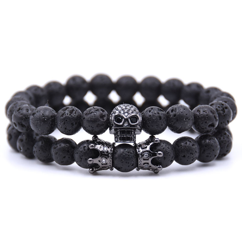 Couple black matte agate lava beads crown zircon skeleton 8 mm beaded bracelet (2 pieces)