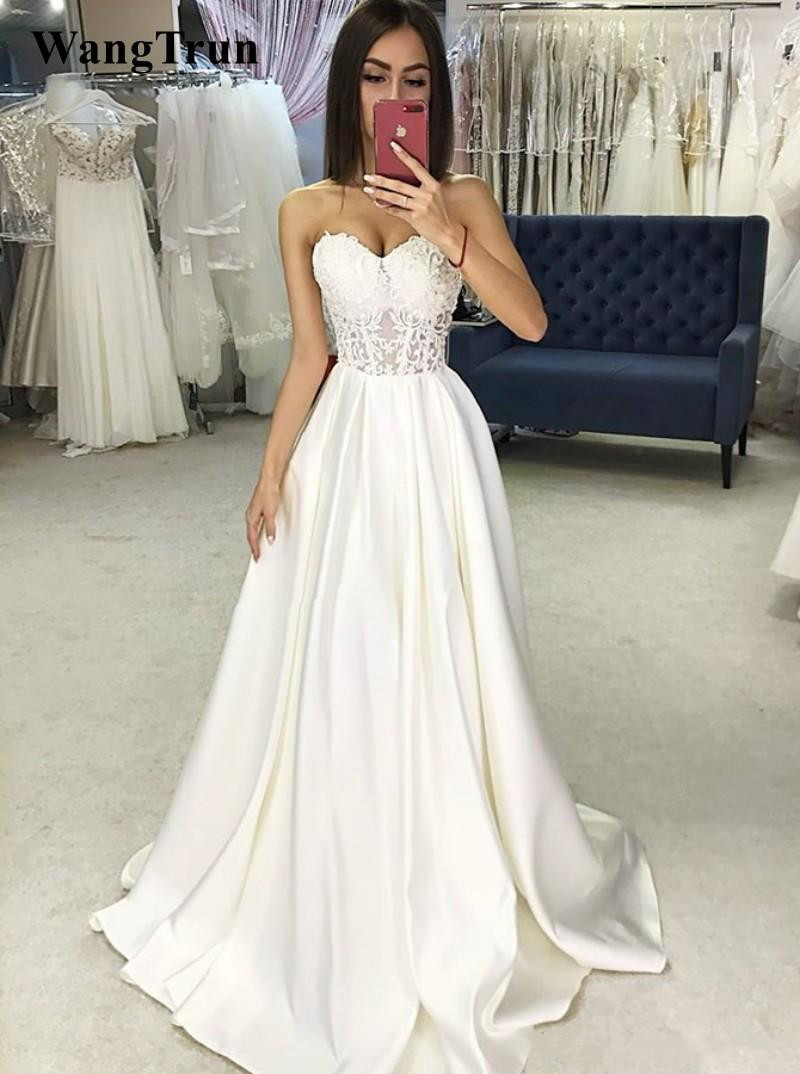 elegant satin a line wedding dresses sweetheart strapless lace appliqued illusion bodice bridal gowns sweep train wedding dress