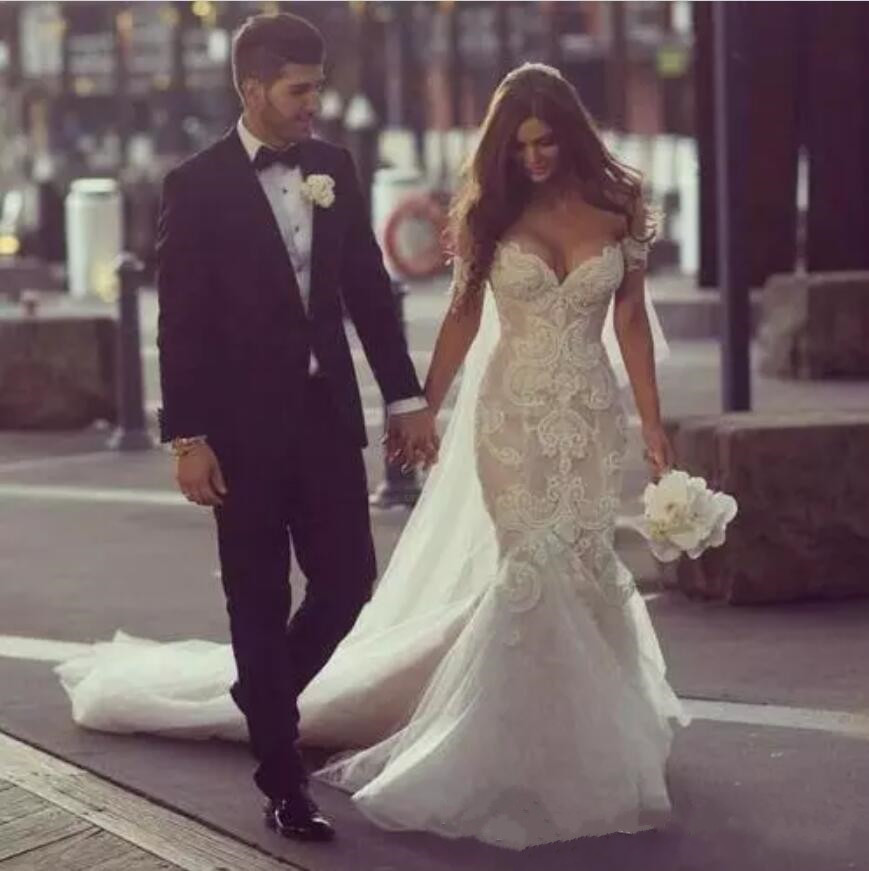 Steven Khalil 2019 Dubai Arabic Dresses Off the Shoulder Sweep Train Beaded Pearls Backless Lace Bridal Gowns Mermaid Wedding Dress