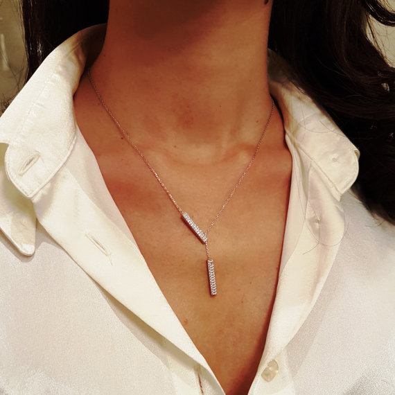 long chain lariat Y necklace Rhodium plated 925 sterling silver summer women sexy necklaces with double cz bar charm simple fashion jewelry