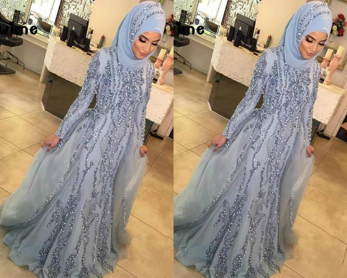 Luxury Muslim Mermaid Prom Dresses With Detachable Train Long Sleeve Bling Sequined Beads Dubai Arabic Evening Gowns Formal Dress Party Wear