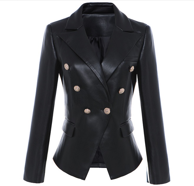 New Style Top Quality Original Design Women&#039;s Slim Classic Leather Blazer Jacket Metal Buckles Double-Breasted Black Motorcycle Jacket Coat от DHgate WW