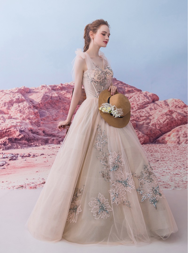 Fairy Princess Sheer Strap Prom Dress V Neck Illusion Exposed Boning Embroidery Beaded Evening Party Dresses