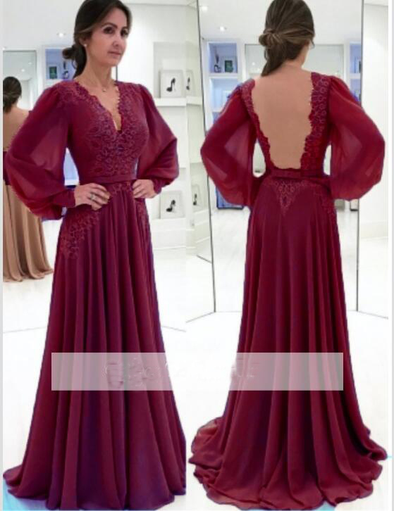 Elegant Puffy Sleeves Evening Gowns Champagne V-Neck Chiffon A-line Prom Dresses Arabic Dresses Plus Size Prom Wear