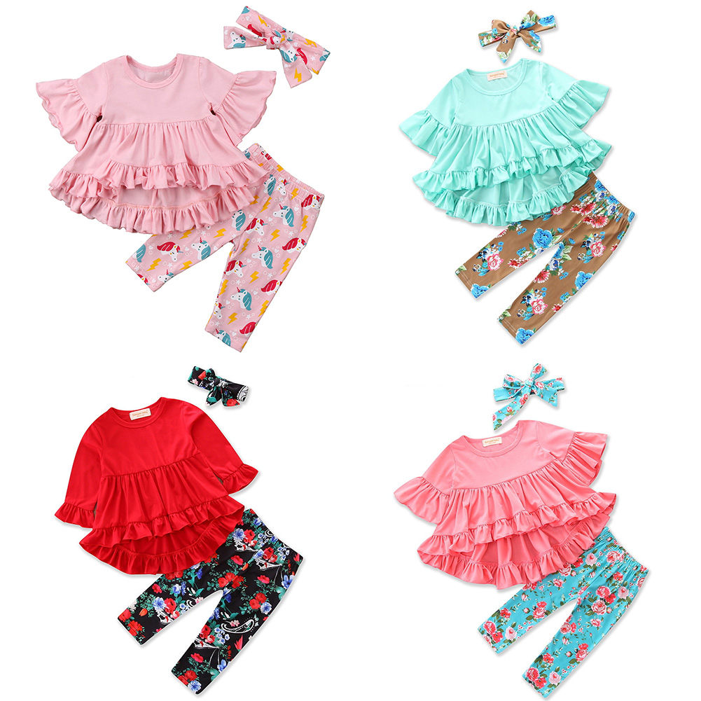 

Baby Girls Ruffles Outfits Asymmetric Top Flare Sleeve Tassels Tribal Striped Unicorn Flora Camouflage Headbands 36 Designs Clothing Sets, Mix design (remark to us or randomly)