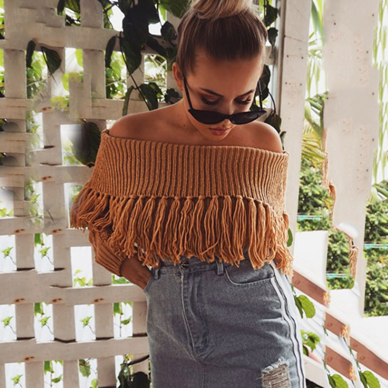 Sexy Fringe Off Shoulder Sweater 2018 Autumn Winter Fashion Pullover Female Jumpers Knit Tassel Women Sweaters and Pullovers C18111601