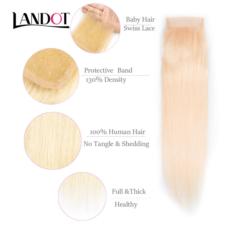 9A Brazilian Straight Virgin Human Hair Weaves 4 Bundles With Bleach Blonde Color 613# Lace Closure Peruvian Malaysian Indian Cambodian Hair