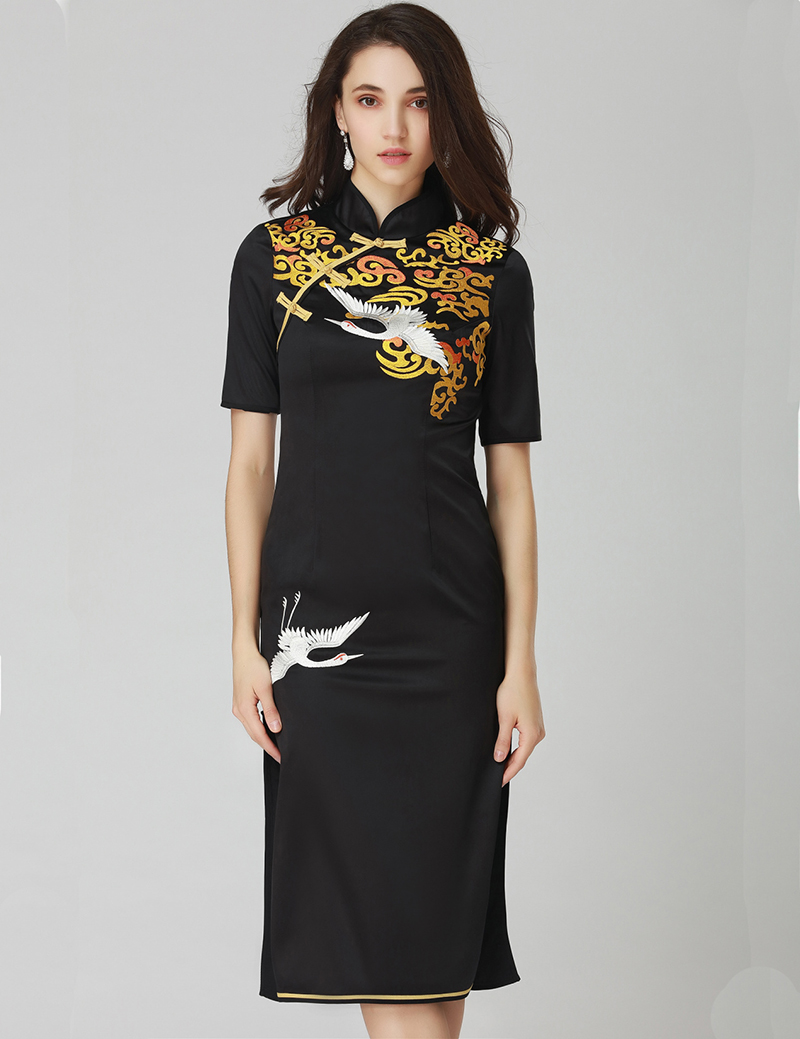 Vintage Embroidery Women Sheath Dress Short Sleeve Stand Collar Split Party Dresses 12K585, Black
Vintage Embroidery Women Sheath Dress Short Sleeve Stand Collar Split Party Dresses 12K585, Black