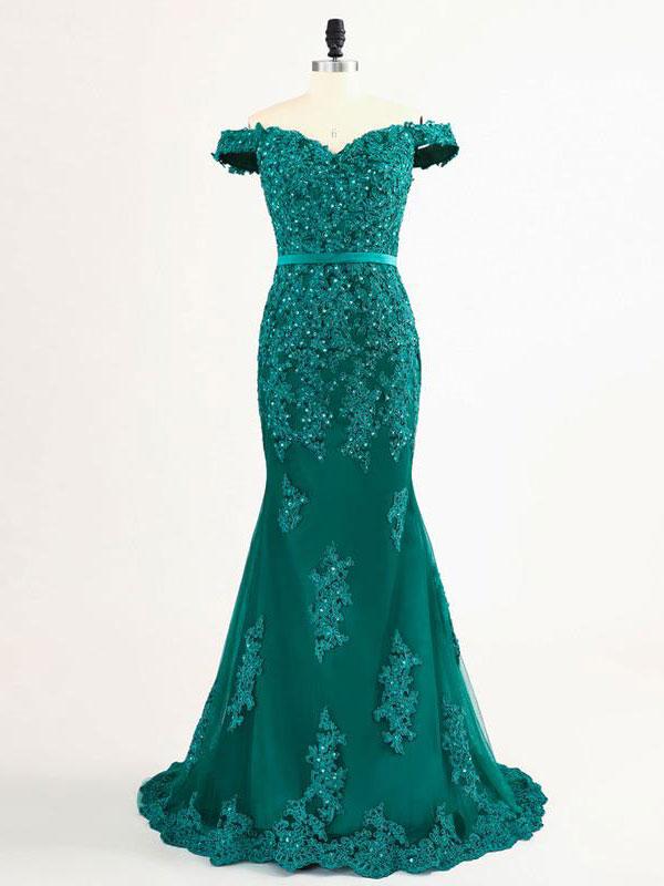 Off Shoulder Mermaid Evening Dresses Dark Green Pleats Tulle Applique with beads Sequins Sweep Train Long Prom Dresses, Black
Off Shoulder Mermaid Evening Dresses Dark Green Pleats Tulle Applique with beads Sequins Sweep Train Long Prom Dresses, Black