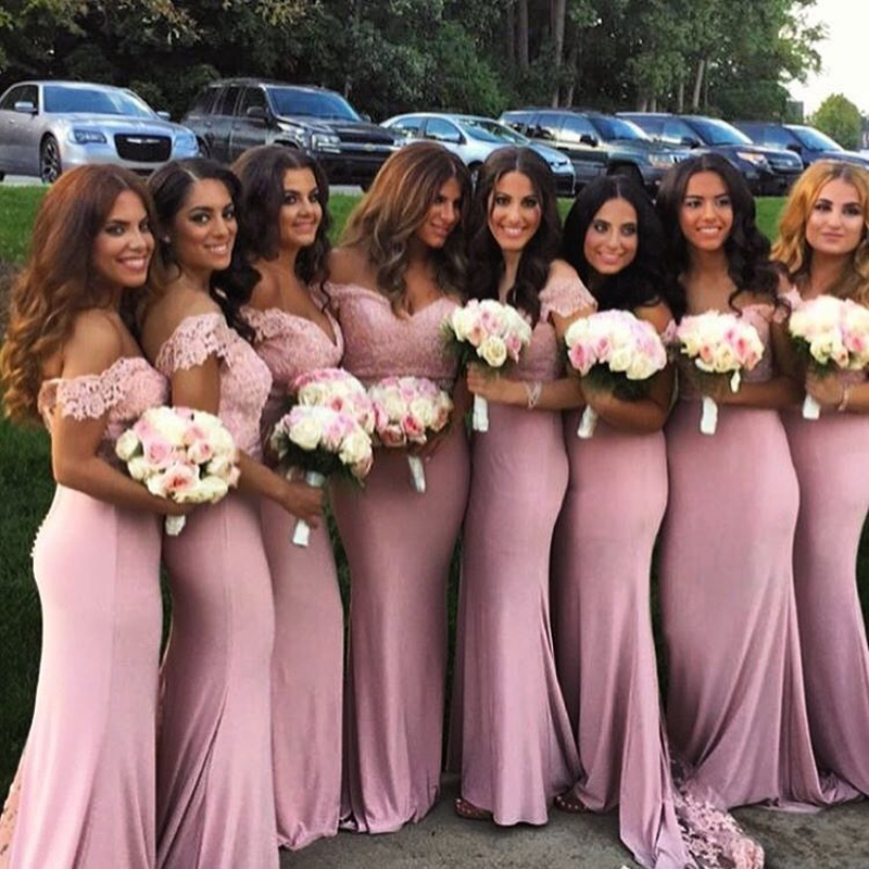 Mermaid Bridesmaid Dresses 2018 with V-neck Off-Shoulder Lace Appliques Floor Length Court Train Pink Prom Party Gown
Mermaid Bridesmaid Dresses 2018 with V-neck Off-Shoulder Lace Appliques Floor Length Court Train Pink Prom Party Gown