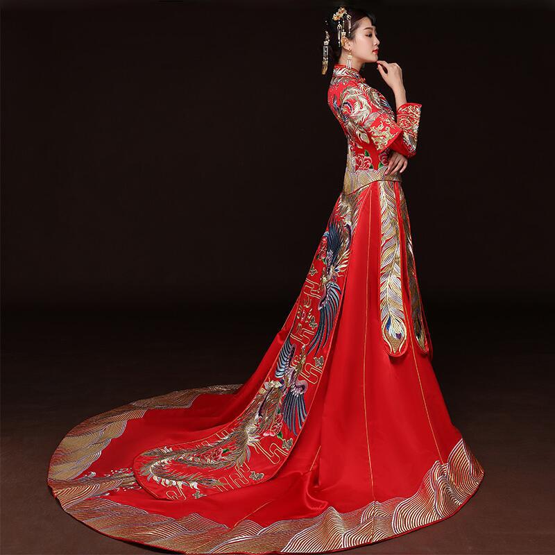 Vintage Red Bride Marry Dress Ancient vestido embroidered phoenix royal costume Traditional Chinese Women Wedding Cheongsam ethnic clothing