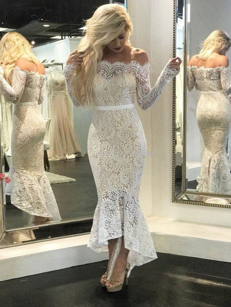 

New White Nude Lace Mermaid Evening Dresses Bateau Neck Off Shoulder Long Sleeves Tea Length High Low Black Prom Dresses Short Party Dress, Dark navy