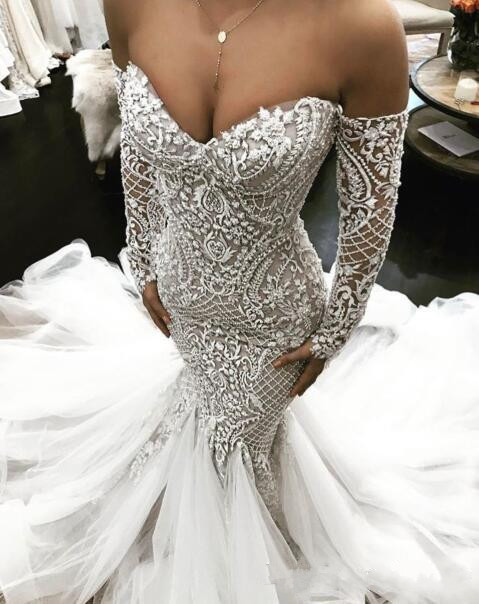 Mermaid 2019 Wedding Dresses Off Shoulder Sweetheart Long Sleeve Lace Bridal Gowns With Crystals Floor Length Wedding Dress Plus Size