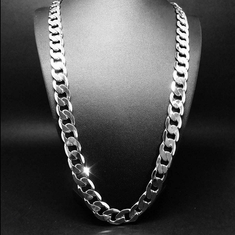 12mm Wide Curb Chain Necklace 18k White Gold Filled Vintage Classic Mens Jewelry Solid Accessories 24 Inches