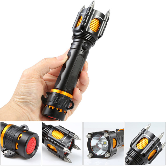 

Rechargeable XML T6 LED Tactical Flashlight Torch with 4 Attack Heads SOS Alarm Safety Hammer Self Defense Outdoors Ultra Bright Flash Light