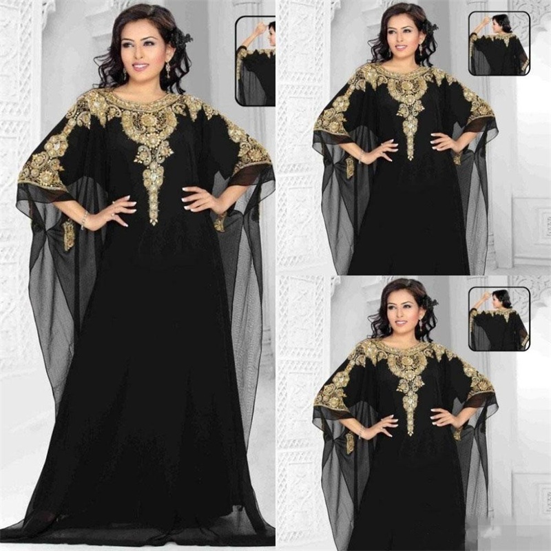 Arabic 2018 Muslim Evening Dresses A Line Gold Black Sequins Beaded Plus Size Formal Prom Party Wear Long Special Occasion Dress