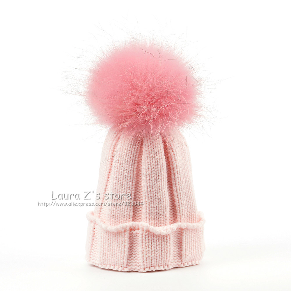 LAURASHOW Children Winter Raccoon Fox Fur Hat Girls Boys Real Fur pompoms Ball Baby Beanies Cap Kids Knitted Hats D18110601