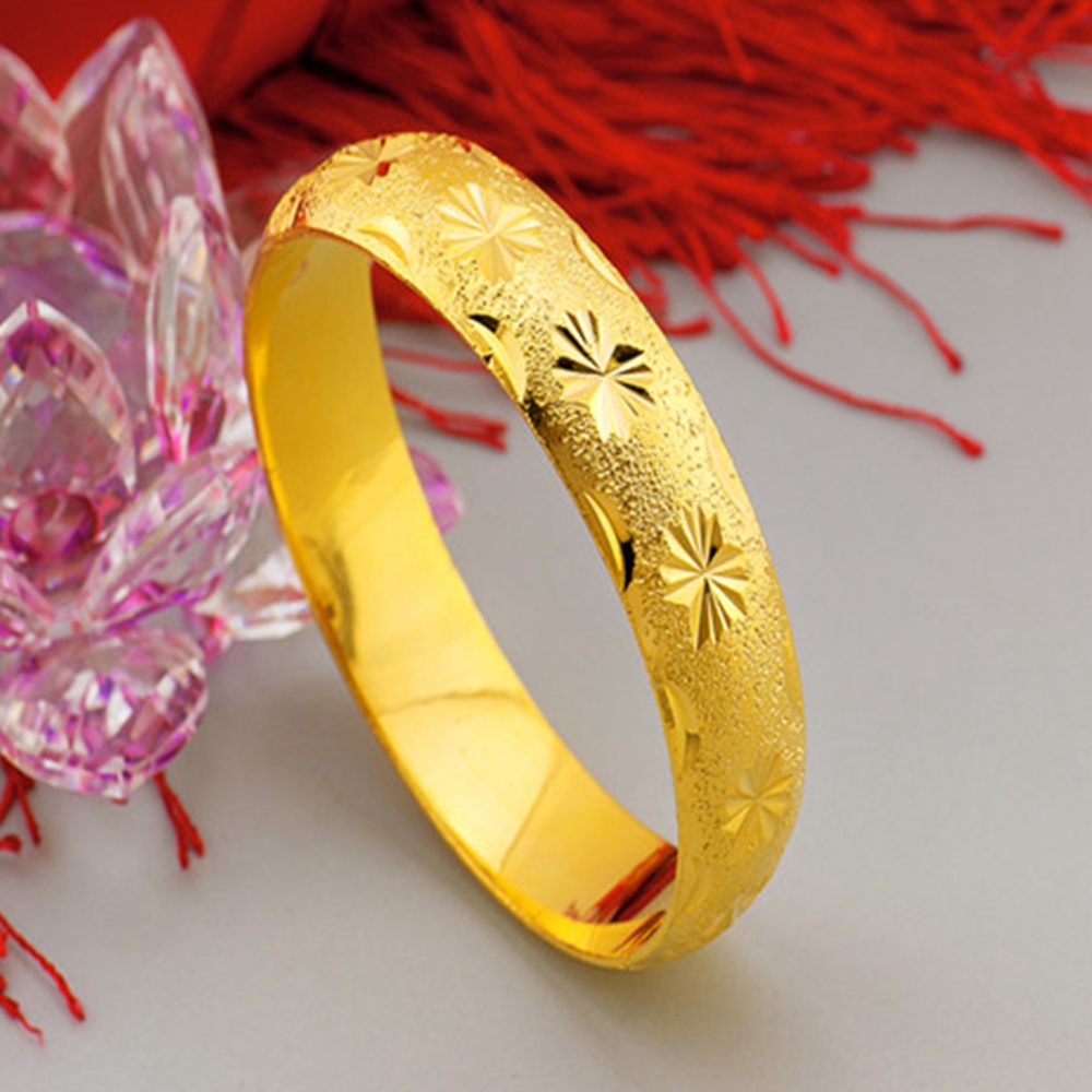Thick Bangle 15mm Wide 18k Yellow Gold Filled Star Carved Womens Bangle Wedding Jewelry Gift Dia 60mm