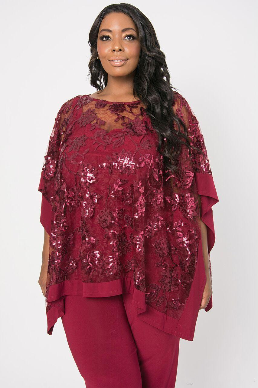 Burgundy Lace Sequined Mother Of The Bride Pant Suits Jewel Neck Formal Wedding Guest Dress With Wape Plus Size Mothers Groom Dresses