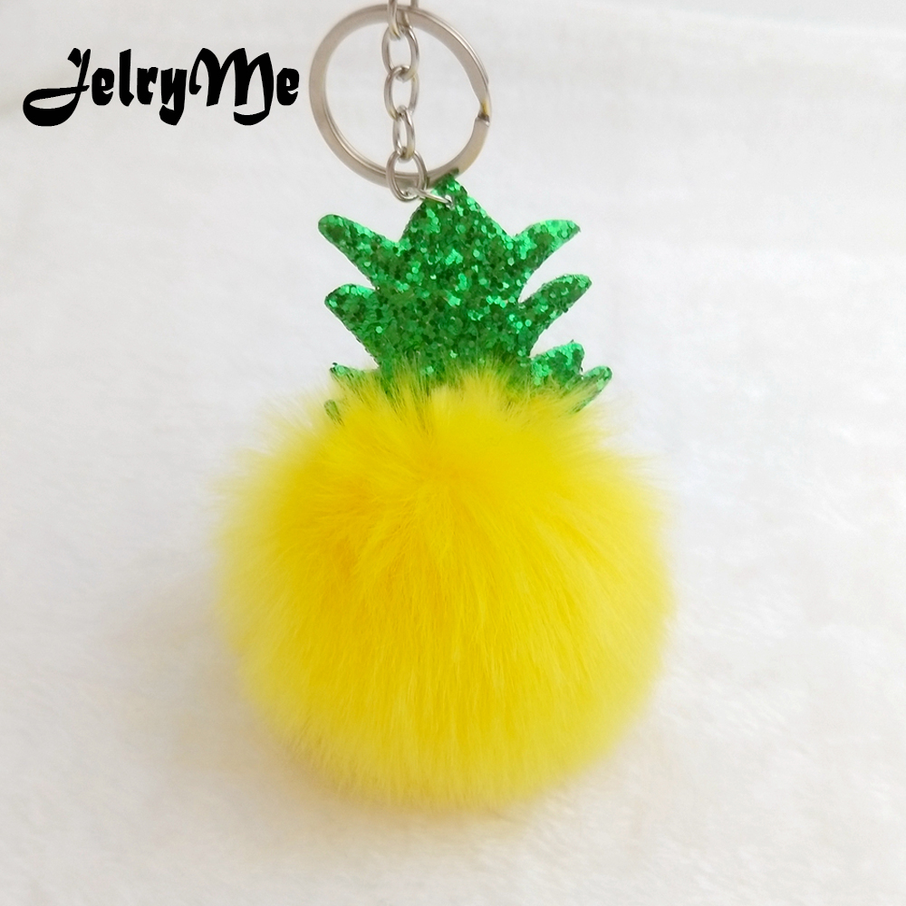 Cute Chaveiro Fruit Pineapple Keychains Pompom Fur Ball Glitter Leaf Sequins Keyring Women Bag Pendant Car Key Chains Holder Diy