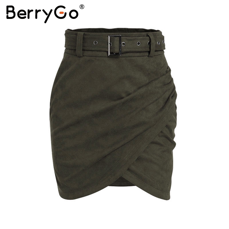 BerryGo Asymmetric suede leather women skirt High waist belt bodycon mini skirt Autumn winter female streetwear pencil