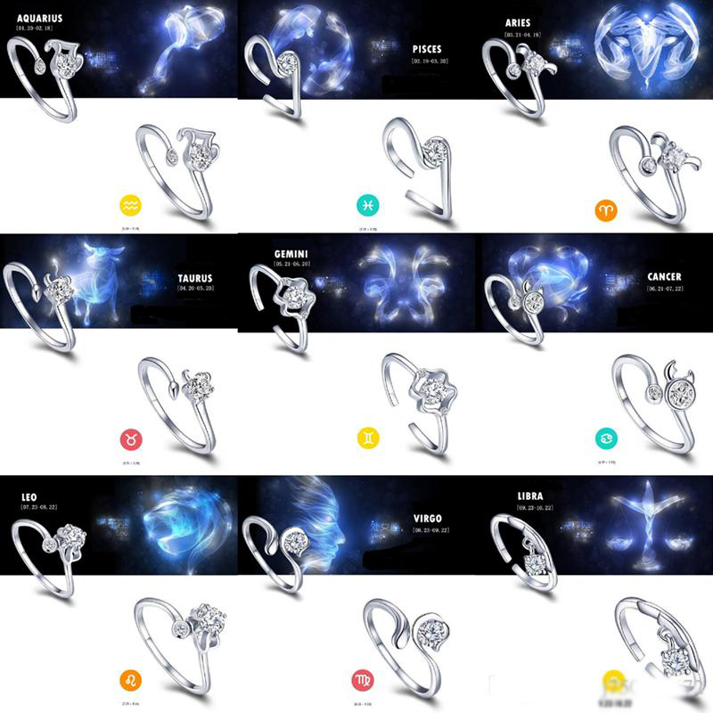 925 Sterling Silver Plated CZ Rings Open Adjustable 12 Constellations Rings Women Wedding/Party/Dance Jewelry
925 Sterling Silver Plated CZ Rings Open Adjustable 12 Constellations Rings Women Wedding/Party/Dance Jewelry