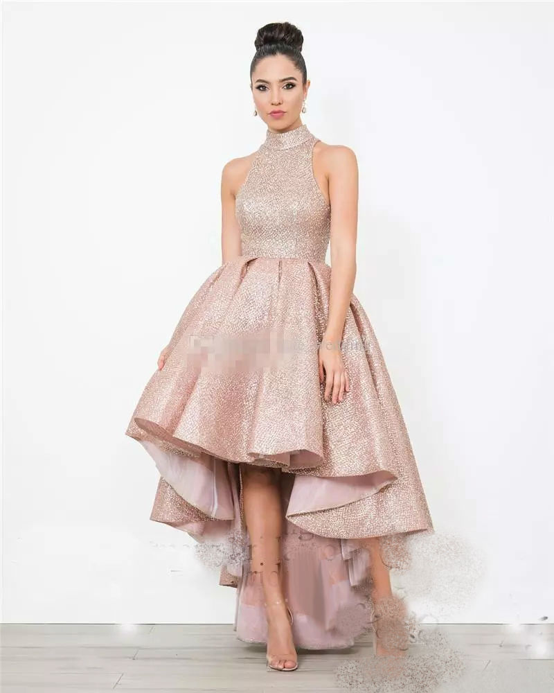Sparkly Hi Lo Prom Dresses High Collar Sequined Sleeveless Ruffles Evening Gowns Fashion Party Dresses Custom Made
