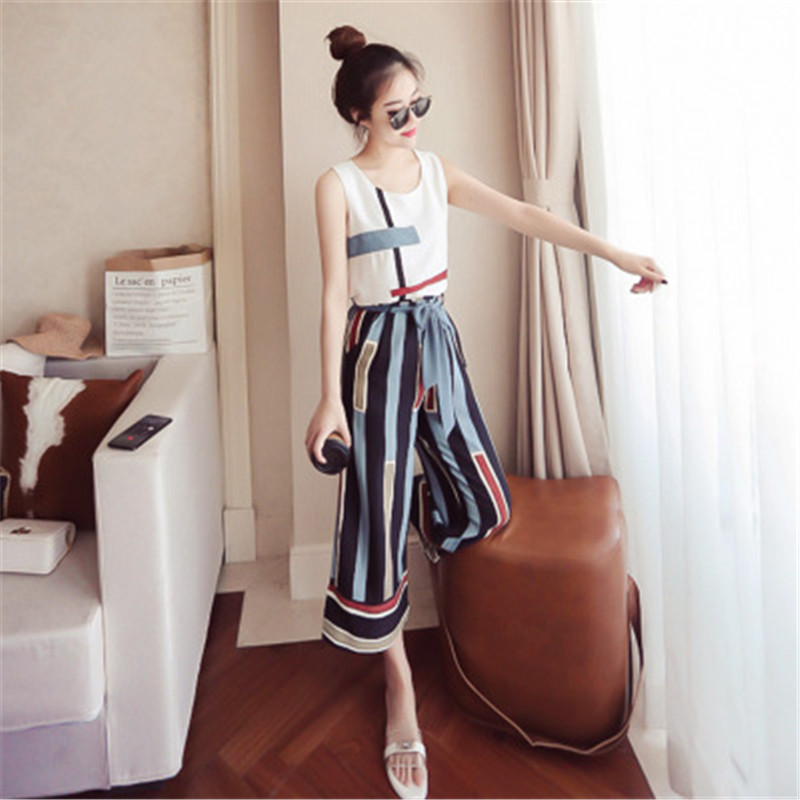 2018 Women Casual Striped Two Piece Set Women Summer Sleeveless Elegant Tank Top Office Lady Work Wide Leg Pants Chiffon Suit